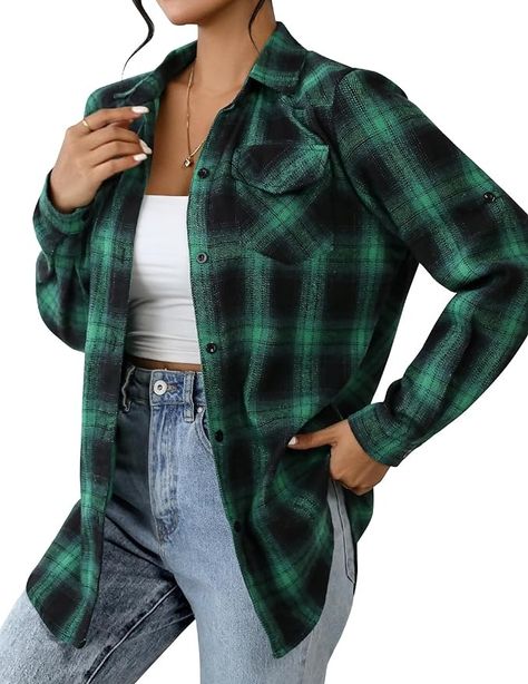 Zeagoo Womens Flannels Plaid Shirt Cotton Check Gingham Top, Green Black, Small, Roll Up Sleeve at Amazon Women’s Clothing store Green Flannel Shirt Women, Womens Flannels, Flannel Shirt Women, Green Flannel Shirt, Womens Flannel, Gingham Top, Flannel Outfits, Womens Flannel Shirt, Flannel Shirts