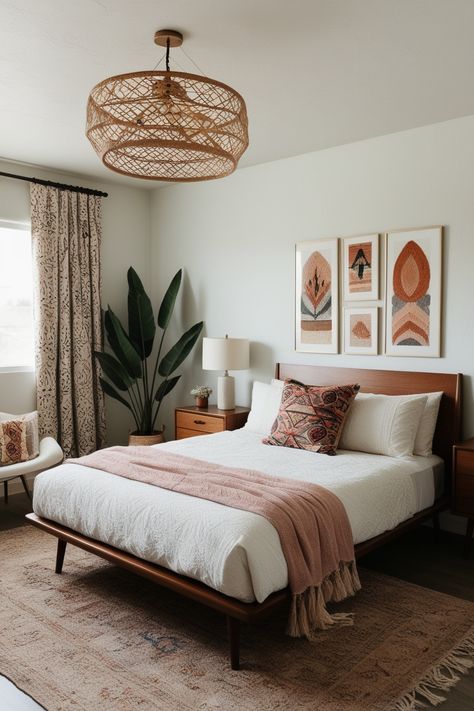 Tones Guest Room Mid Century Modern, Florida Apartment Aesthetic, Bohemian Apartment Decor Ideas, Bedroom Ideas Mid Century Modern, Boho Guest Bedroom Ideas, Modern Spanish Bedroom, Modern Bedroom Apartment, Cozy Mid Century Modern Bedroom, Bedroom Ideas Retro