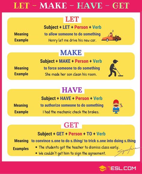 Oct 22, 2018 - Causative Verbs! What is a causative verb? Learn how to use English Causative Verbs (Let, Make, Have, Get) with useful rules, video, examples and ESL worksheet. Causative Verbs, English Verbs List, Verbs In English, English Grammar Rules, Verbs List, English Speaking Skills, Teaching English Grammar, Verb Worksheets, English Learning Spoken