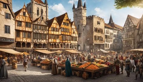 Many medieval market towns still exist today, and some continue to hold markets based on centuries-old charters. Fantasy Street Market, Old Villages Aesthetic, Dnd Town Aesthetic, Fantasy Town Square, Medieval Town Aesthetic, Medieval Town Art, Medieval Town Layout, Market Medieval, Medieval Town Square