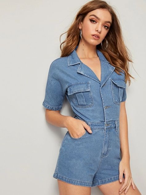 Moda Safari, Outfit Korean Style, Jeans Outfit Women, Rompers Online, Denim Romper, Denim Shirt Dress, Denim Overalls, Blackpink Fashion, Colored Denim