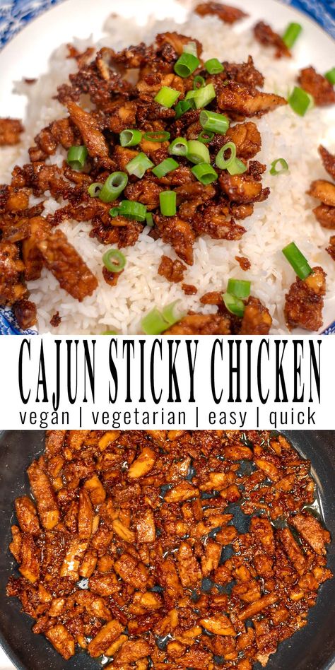 This easy Cajun Sticky Chicken recipe transports your taste buds to the bayous of Louisiana. Tantalizing vegan chicken marinated in a blend of zesty Cajun spices, kissed with a sweet and sticky glaze, will surely spice up your dinner routine. Prepare to savor every juicy bite of this Southern-inspired dish bursting with flavor. #contentednesscooking #vegan #vegetarian #cajunstickychicken Cajun Sticky Chicken Recipe, Cajun Sticky Chicken, South Louisiana Recipes, South Recipes, Nola Food, Sticky Chicken Recipe, Cajun Spices, Louisiana Dishes, 2024 Meals