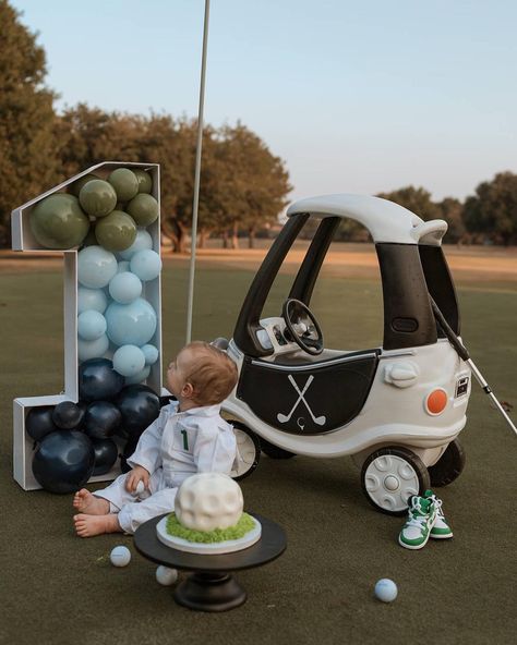 Golf Birthday Photoshoot, 1st Birthday Golf Pictures, Golf Party Cake Ideas, First Birthday Golf Photo Shoot, Baby Golf Birthday Party, Cozy Coupe Golf Cart, Masters First Birthday Party, Golf 1st Birthday Party, Hole In One Birthday Party