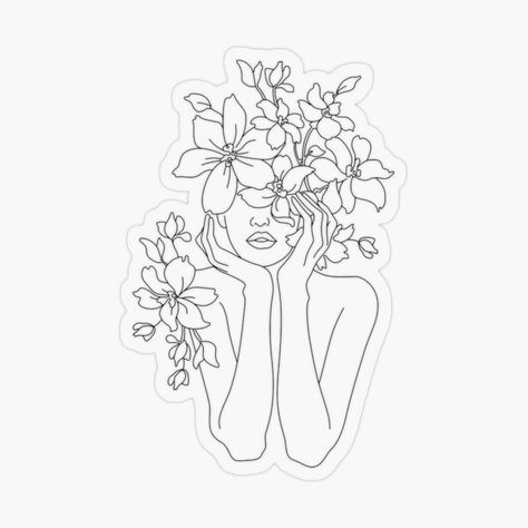 Girl With Flowers Aesthetic, Sketches Line Art, Girl Tattoo Design, Tumblr Flower, Self Love Tattoo, Girl With Flowers, Chest Piece Tattoos, Minimalist Flowers, Line Art Tattoos