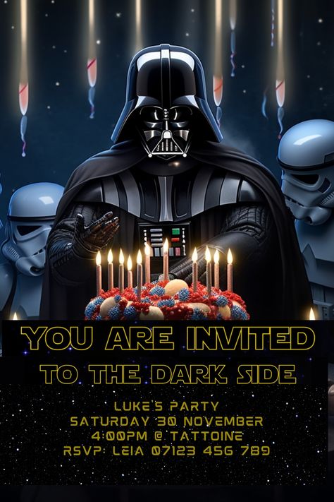 JOIN THE DARK SIDE with this star wars and adarth vader inspired artwork. This is an editable invitation where you can easily change the information to suit your party and either print or send digitally. Star Wars Party Invite, Starwars Birthday Invitation, Star Wars Invite, Star Wars Party Invitations, Adult Star Wars Birthday Party Ideas, Star Wars Birthday Invitations, Darth Vader Birthday Party, Star Wars Invitations Free, Darth Vader Birthday