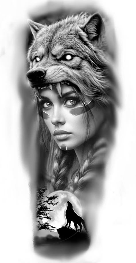 Lion With Woman Face Tattoo, Lion Woman Tattoo Design, Payasa Tattoo Stencil, Lion Headdress Tattoo, Lion Headdress, Wolf Girl Tattoos, Indian Girl Tattoos, Tiger Head Tattoo, Herren Hand Tattoos