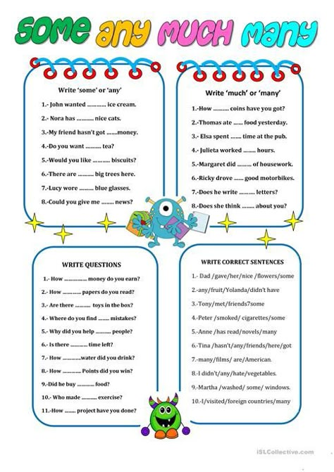 Some, Any, Much, Many Worksheet Some Any, English Grammar Exercises, English Teaching Materials, English Activities For Kids, Grammar Exercises, English Exercises, English Grammar Worksheets, Grammar Book, English Classroom