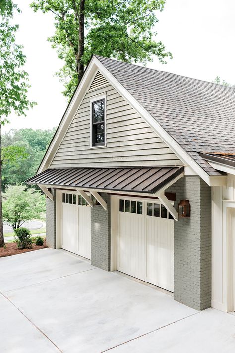 Athens Building Company | Gallery Green Painted Brick, Garage Awning, Carport Modern, Door Overhang, House Awnings, Garage Pergola, Garage Exterior, Garage Door Design, Home Exterior Makeover