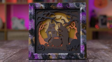 Layered Paper Art for Halloween [HCC Day 7] - Craft with Sarah Paper Art Tutorial, Halloween Shadow, Halloween Watch, Halloween Shadow Box, Paper Art Design, Idee Cricut, Shadow Box Svg, Carte Halloween, Halloween Lanterns