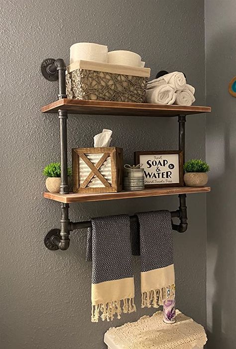 Farmhouse Towel Rack, Industrial Pipe Shelf, Metal Bathroom Shelf, Iron Pipe Shelves, Bathroom Shelf With Towel Bar, Pipe Shelving, Shelves Over Toilet, Bathroom Shelves Over Toilet, Rustic Bathroom Shelves