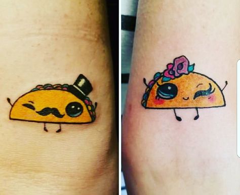 Taco tattoo By Traci Donnelly Cute Taco Tattoo, Matching Taco Tattoos, Tiny Taco Tattoo, Small Taco Tattoo, Taco Tattoo Ideas, Matching Food Tattoos, Funny Couple Tattoos, Matching Tattoo Ideas For Couples, Tattoo Designs For Couples