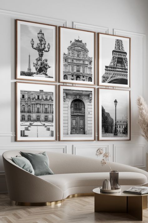 Modern Parisian Gallery Wall, Parisian Gallery Wall, Black And White Architecture Photography, Parisian Apartment Style, Paris Living Rooms, Parisian Wall Art, Black And White Architecture, Architectural Photos, Architecture Prints