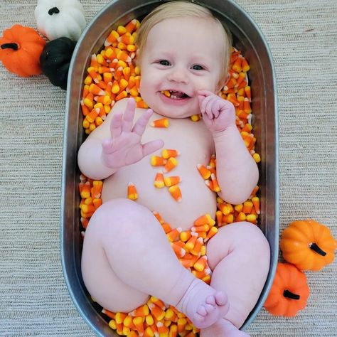 6 Month Old Halloween Photoshoot, Candy Corn Pictures Baby, Candy Corn Photoshoot Baby, Baby Candy Corn Picture, Candy Corn Baby Pictures, Baby Halloween Pictures, 4 Month Old Photo Shoot Ideas, October Baby Photoshoot, Baby Halloween Photoshoot