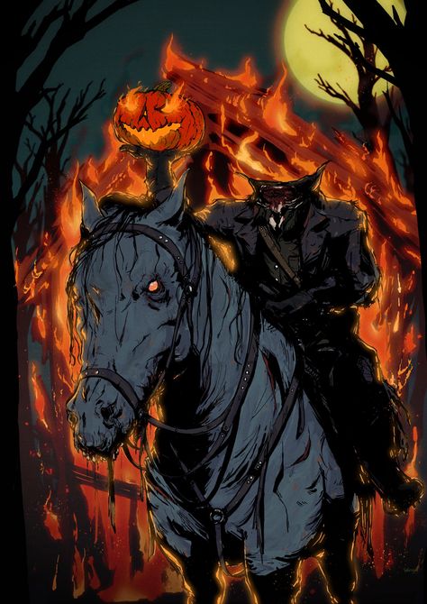 ArtStation - The Headless Horseman, Moragot Bodharamik Headless Horseman Art, Sleepy Hollow Headless Horseman, The Headless Horseman, The Legend Of Sleepy Hollow, Legend Of Sleepy Hollow, Headless Horseman, Horror Icons, Universal Monsters, Wings Of Fire