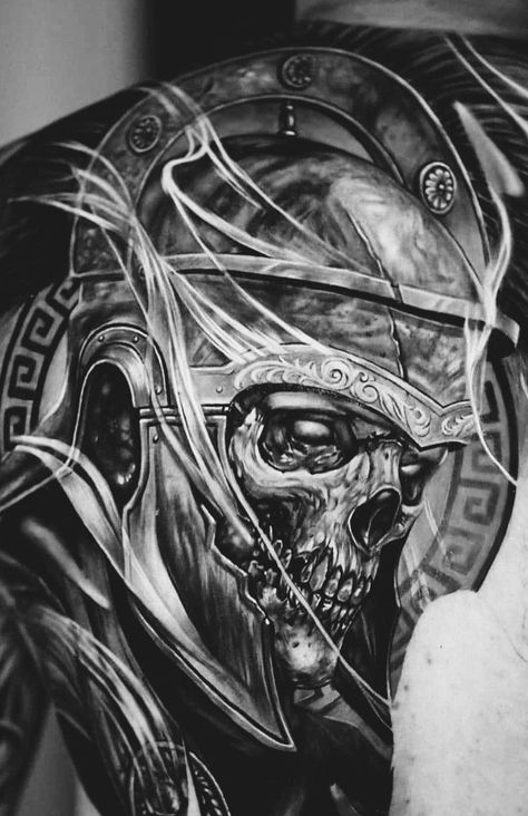 Skull Warrior Tattoo Design, Viking Skull Tattoo Design, Centurion Tattoo, Skull Knight Tattoo, Viking Skull Tattoo, Lion King Decorations, Lion Paintings, Lions Tattoo, Day Of The Dead Tattoo