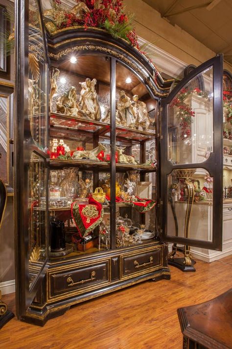 Custom Marge Carson Cabinet filled our favorite holiday decor! Marge Carson Furniture, Marge Carson, Tuscan Design, Unique Christmas Decorations, Christmas Room Decor, Elegant Dining Room, Christmas Room, Custom Window Treatments, Elegant Decor