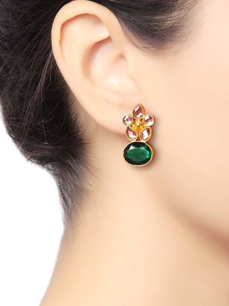 Check out these Earrings by BAROQUE on Jivaana.com Emerald Earrings Indian, Earrings Indian, Look Retro, Gold Jewelry Earrings, Gold Jewellery Design Necklaces, Jewelry Design Earrings, Gold Earrings Designs, Gold Jewelry Indian, Emerald Earrings