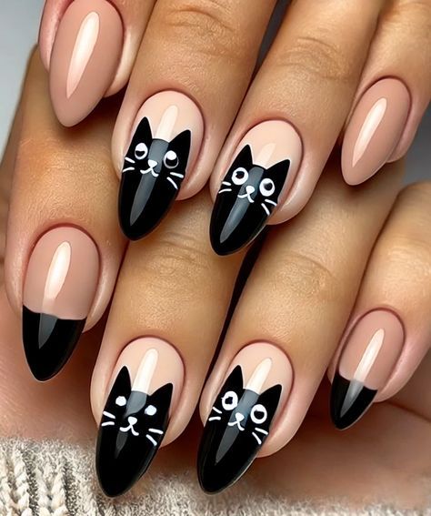 Cat Halloween Nails Design, Halloween Nails Cat Design, Cute Nail Designs Halloween, Black Cat On Nails, Halloween Nails With Cats, Halloween French Tips Nails, Black And Nude Halloween Nails, Nails With Cat Designs, Almond Shaped Halloween Nail Designs