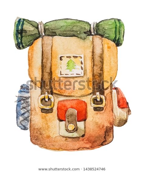 Hiking Watercolor, Hiking Drawing, Hygge Illustration, Backpack Illustration, Backpack Drawing, Backpack Art, Inktober 2024, Spring Hiking, Backpack Hiking