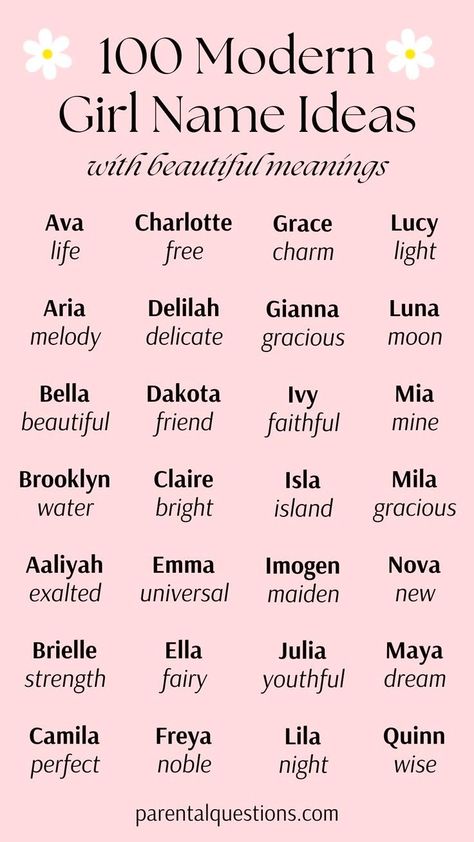 100 chic and modern girl names that are trendy and underused. Click through for our list of the best modern girl names with meaning, including cute, chic, unique, and modern girl names. Baddie Girl Names, Modern Girl Names, Names For Girls Unique, Modern Baby Girl Names, Girl Name Ideas, Girl Names Unique, Modern Baby Girl, Uncommon Baby Names