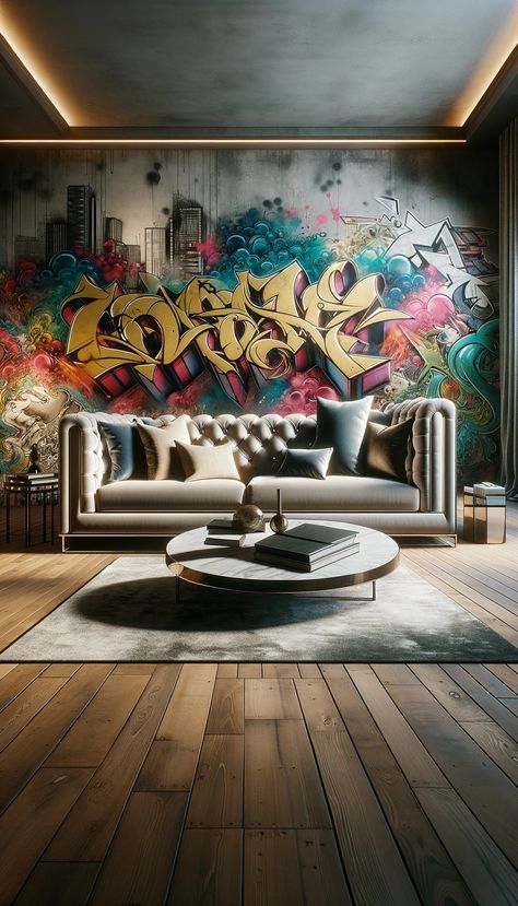 Explore the perfect blend of urban street art and upscale interior design in our latest feature. This unique living room showcases vibrant, colorful graffiti on the walls, contrasting with a luxurious, high-quality sofa. Dive into this intriguing mix of edgy urban art and elegant comfort. #UrbanElegance #GraffitiChic #LuxuryInteriors #StreetArtStyle #ModernLivingRoom #InteriorDesignTrends #ElegantGraffiti Graffiti Wall Interior, Graffiti Wall Art Interior Design, Graffiti Interior Design, Style Room Ideas, Graffiti Decor, Street Style Room, Graffiti Room, Edgy Street Style, Banksy Wall Art