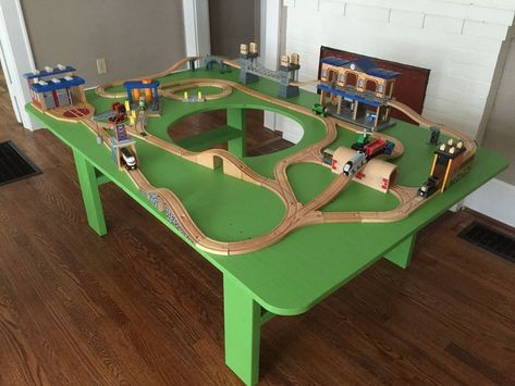 How to Build a Train Table with Hole in Center - Finished in Hours Kids Train Table, Wooden Train Table, Diy Kids Table, Brio Train, Model Train Table, Boys Playroom, Train Table, Lego Table, Playroom Design