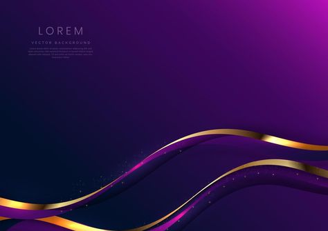 Abstract 3d gold curved purple ribbon on purple and dark blue background with lighting effect and sparkle with copy space for text. Luxury design style. Vector illustration Purple And Gold Background, Ribbon Dance, Luxury Website, Luxury Background, Waves Background, Purple Themes, Purple Ribbon, Gold Background, Dark Blue Background