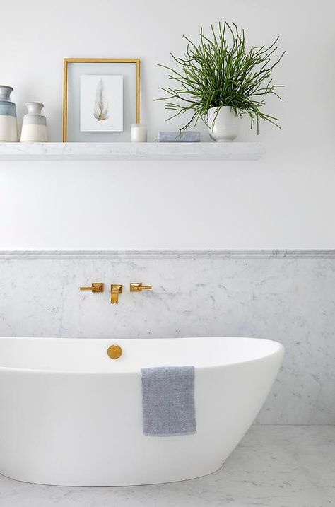 Shelves Above Bathtub, Marble Chair, Wall Mount Tub Filler, Carrara Marble Bathroom, Grey Wall Tiles, Herringbone Wall, Stand Alone Tub, Bathtub Decor, Bathtub Walls