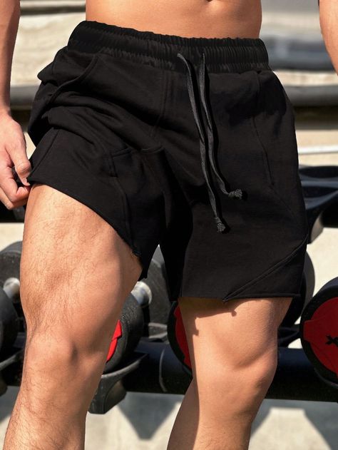 Black Casual Collar  Knitted Fabric Plain Track Shorts Embellished Slight Stretch  Men Bottoms Bodybuilding Clothing, Gym Guys, Fits Aesthetic, Strong Legs, Gym Fits, Body Reference Poses, Pocket Shorts, Track Shorts, Men Clothing