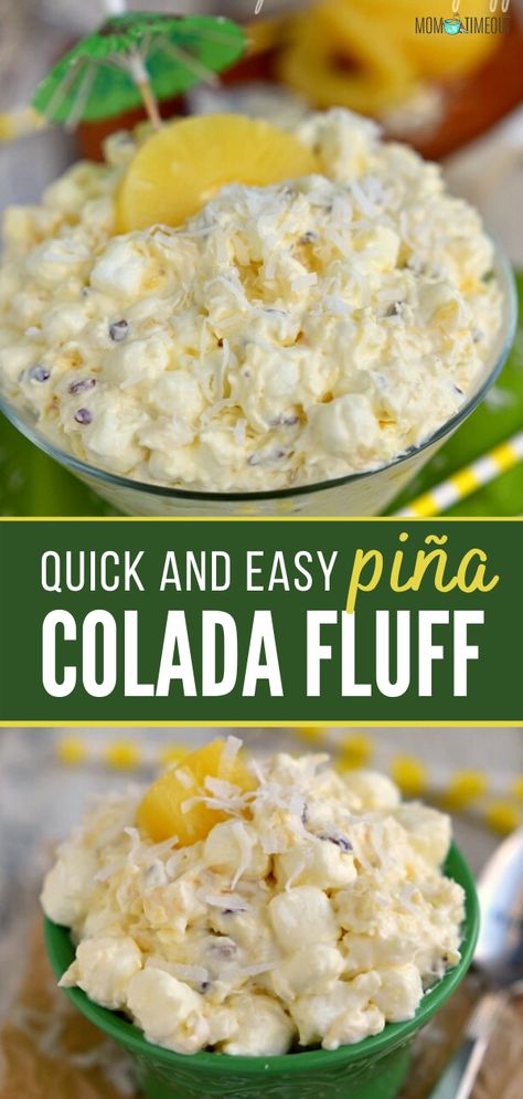 This dessert salad brings that tropical feeling at home in 2 minutes! Pina Colada Fluff is quick and easy to make. Loaded with pineapple, coconut, vanilla pudding mix, marshmallows, pecans, and a bit of rum, this delicious sweet treat is sure to brighten up your day! Coconut Salad Recipes, Pina Colada Fluff Salad Cool Whip, Pineapple Coconut Fluff Recipe, Easy Fluff Desserts, Pineapple Fluff Salad Recipes, Summer Fluff Desserts, Pina Colada Salad Recipes, Hawaiian Coconut Fluff, Pina Colada Fudge Recipe