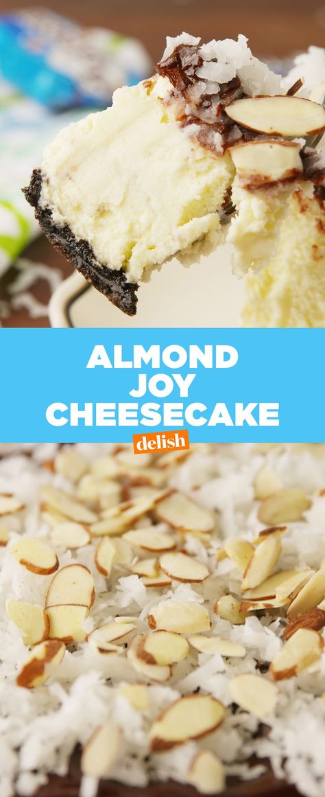 Almond Joy Cheesecake Recipe, Almond Joy Cheesecake, Almond Joy Pie, Coconut Chocolate Chip Cookies, Delish Desserts, Custard Cake, How To Make Cheesecake, Almond Joy, Delish Recipes