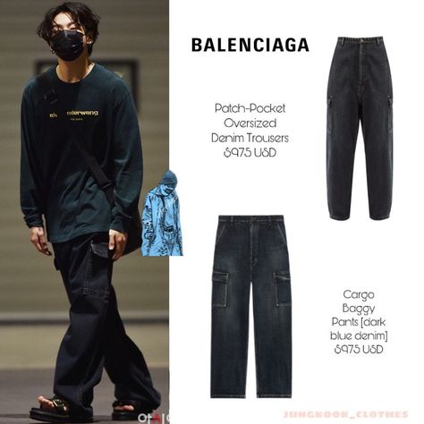 location : Jungkooks Closet on Instagram: “it’s one of these pants. idrc so y’all decide which pair it is - @330024002006500_ found the top pants - 8/25/20 < > #JungkookClothes…” Taekook Core, Bts Outfits Inspired, Jungkook Clothes, Jungkook In Black, Jungkook Outfits, Bts Jewellery, Jungkook Fashion, Jungkook Style, Bts Products