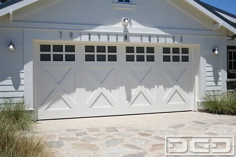 Coastal Garage, Garage Door Trim, Carriage House Garage Doors, Garage Door House, Carriage House Doors, Custom Garage Doors, Carriage House Garage, Garage Door Types, Garage Door Styles