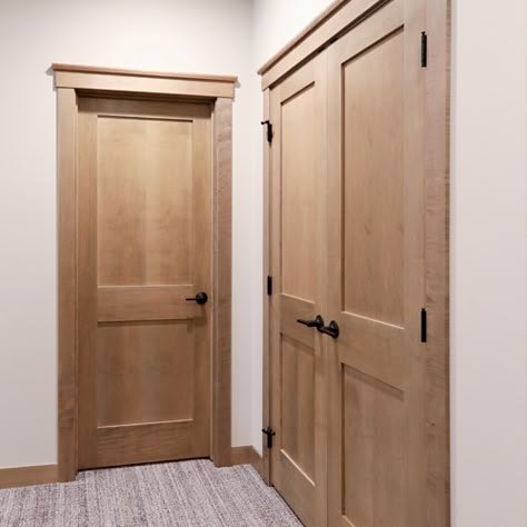 Wooden Inside Doors, Wood Stained Doors Interior, Stained Interior Doors With Stained Trim, Interior Doors Stained Wood, Maple Doors With White Trim, Interior Doors Natural Wood, Interior Door Stain Colors, Panel Door Wood, Wood Doors Wood Trim