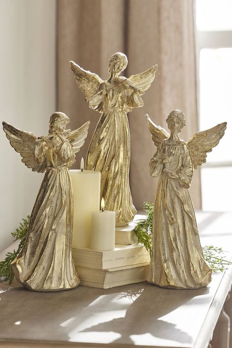 Set of three soft gold angels from the Bon Noel Collection of RAZ for 2023 Christmas Figures, Raz Imports, Angel Figure, Beautiful Angels, Angel Sculpture, Angel Decor, Gold Angel, Beautiful Angel, Indoor Christmas Decorations