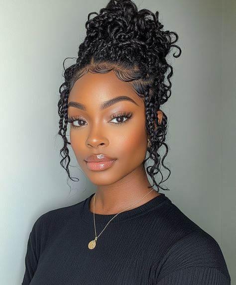 👑 Edgy Curly Updo With Braid Glamorous Braids Updo Hairstyle Boho Braids Updo, Natural Hairstyles Updo, Updo For Curly Hair, Updo With Braid, Cornrow Updo, Goddess Braids Updo, 3c Natural Hair, Halo Braids, Braids Updo