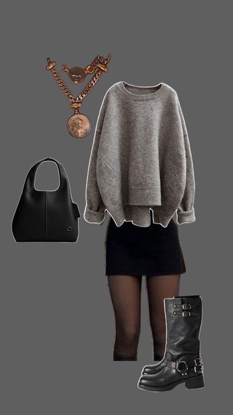 This outfit is composed of a Grey oversized sweater black tights and a black mini skirt with black mid calve boots Black Skirt With Tights, Grey Tights Outfit, Skirt And Tights Outfit, Skirt With Tights Outfit, Grey Sweater Outfit, Skirt Tights, Grey Tights, Black Skirt Outfits, Oversized Grey Sweater