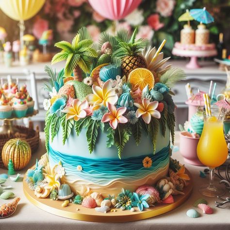 Tropical Party Cake, Party Cake Ideas, Bday Quotes, Tropical Cake, Island Cake, Beach Cake, Fantasy Cake, Beach Cakes, Magic Cake