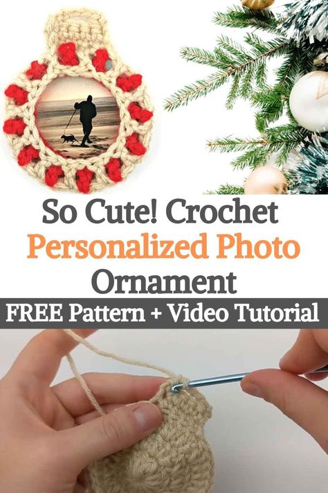 Crochet Photo Ornament Pattern, Crochet Photo Ornaments, Crochet Photo Frame Ornaments, Homemade Photo Ornaments, Easy Christmas Crochet, Christmas Photo Ornaments, Homemade Frames, Crochet Queen, Mom Crafts