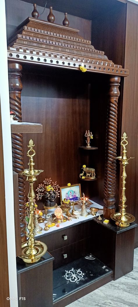 Pooja Room Design South Indian, Traditional Mandir At Home, South Indian Pooja Room Design, Pooja Room Design Indian, Traditional Pooja Room Design, Pooja Mandir Ideas Design, Mandir In Living Room, Wooden Pooja Mandir Designs, Pooja Unit Designs