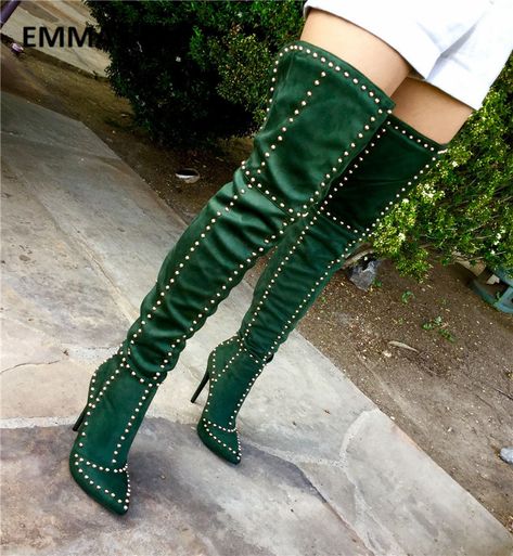 Suede Thigh High Studded Pointy Toe Boots Green Over the Knee Boots Sexy Female Autumn Winter Thigh High Boots Green Over The Knee Boots, Green Thigh High Boots, Green High Heels, Boots Long, Pointy Toe Boots, Thigh High Heels, Basic Boots, Green Boots, Thigh Boot