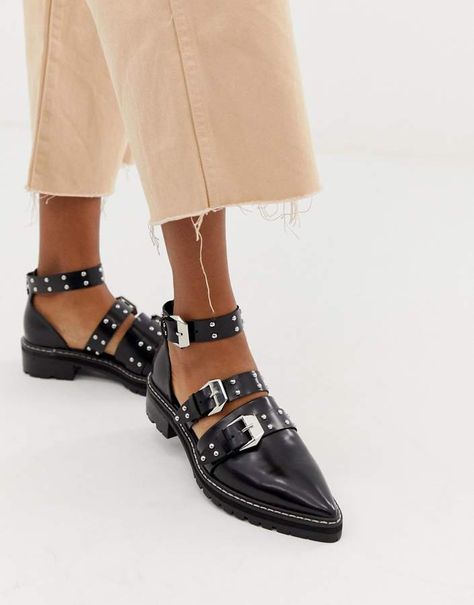 ASOS DESIGN Mile End premium studded pointed leather flat shoes Mile End, Black Flats Shoes, Asos Shoes, Simple Shoes, Toe Post Sandals, Studded Heels, Leather Flat Shoes, Womens Shoes High Heels, Mode Online