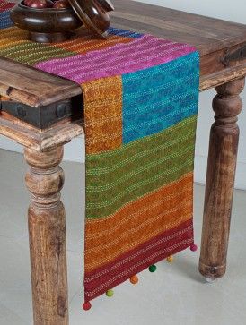 Multi-Color Tussar Silk Hand-Block Printed Patch Work and Kantha Embroidered with Pom-Pom Table Runner 70in x 14in Patch Work Table Mats, Patch Work Table Runner, Indian Table Runner, Godhadi Designs, Kantha Table Runner, Baby Kantha, Traditional Lamp, Indian Table, Canvas Bag Diy