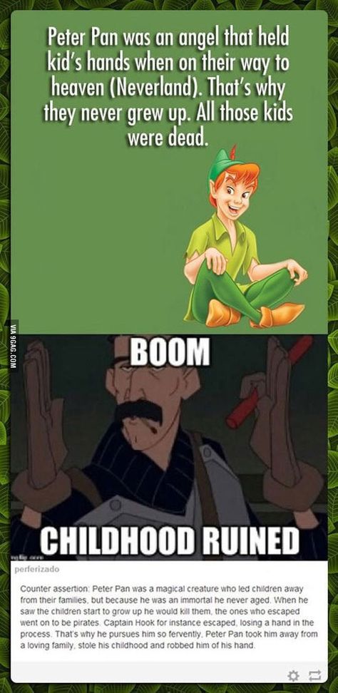 Peter Pan dark meaning - 9GAG Disney Theories, Dark Meaning, Ruined Childhood, Childhood Ruined, Right In The Childhood, Disney Secrets, Disney Theory, Funny Disney Memes, Funny Disney Jokes