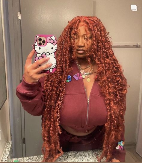 Ginger Locs With Beads, Long Ginger Locs, Passion Locs Hairstyle, Ginger Distressed Locs, Passion Twists Hairstyle Long Color, Ginger Passion Twists Black Women, Ginger Soft Locs Black Women, Ginger Boho Locs, Ginger Faux Locs Black Women