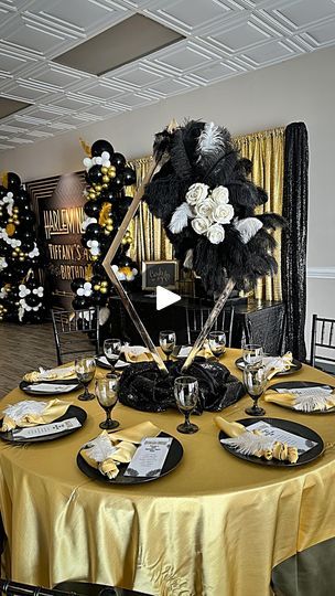 Nola Theme Party, Hollywood Glam Party Ideas, Harlem Nights Decorations, Harlem Knights Themed Party, Great Gatsby Centerpiece Ideas, Harlem Nights Theme Party, Masquerade Party Centerpieces, Trumpet Vase Centerpiece, Great Gatsby Decorations