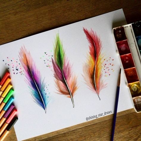 Feather Drawing, Feather Art, Feather Tattoos, Colorful Feathers, Pencil Art Drawings, Rainbow Art, Color Pencil Art, Creative Drawing, Pen Art