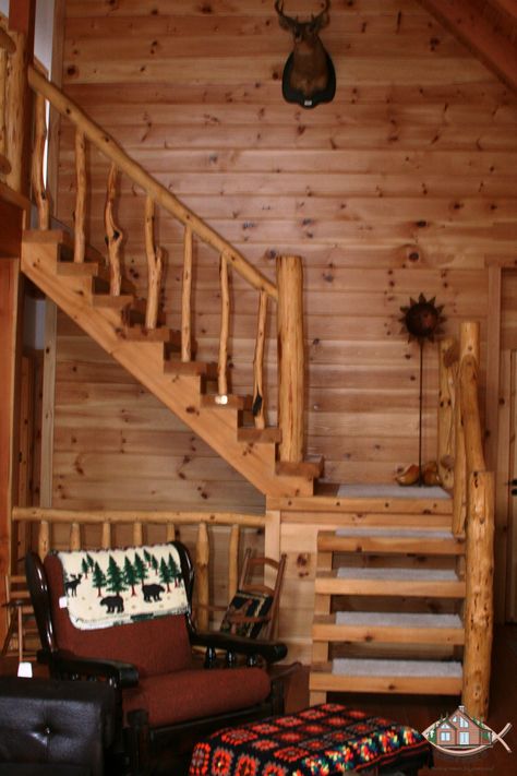 Cabin Steps To Loft, Log Cabin Stair Railing Ideas, Log Cabin Stairs, Cabin Loft Stairs, Cabin Stairs To Loft, Cabin Staircase, Rustic Railing, Railing For Stairs, Log Railing