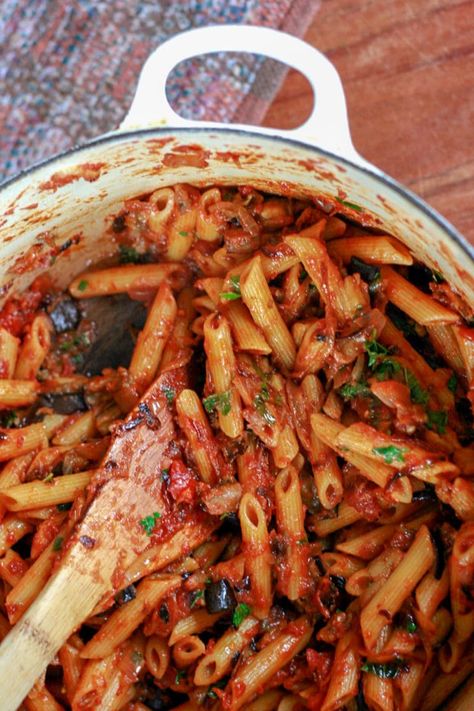 Eggplant, Caramelized Onion and Tomato Pasta Recipe | Well Vegan Eggplant Recipes Pasta, Eggplant Pasta, Meatless Mains, Tomato Pasta Recipe, Savory Dishes, Caramelized Onion, Tomato Pasta, Eggplant Recipes, Vegan Pasta