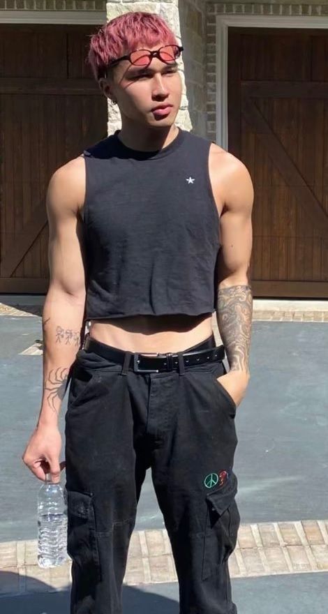 male crop top Masc Crop Top Outfits, Masculine Crop Top, Men Crop Top Outfit, Man Crop Top Aesthetic, Men In Crop Tops Aesthetic, Mens Cropped Tank Top, Male Crop Top Outfits, Guys Crop Tops Outfit, Masculine Men In Crop Tops